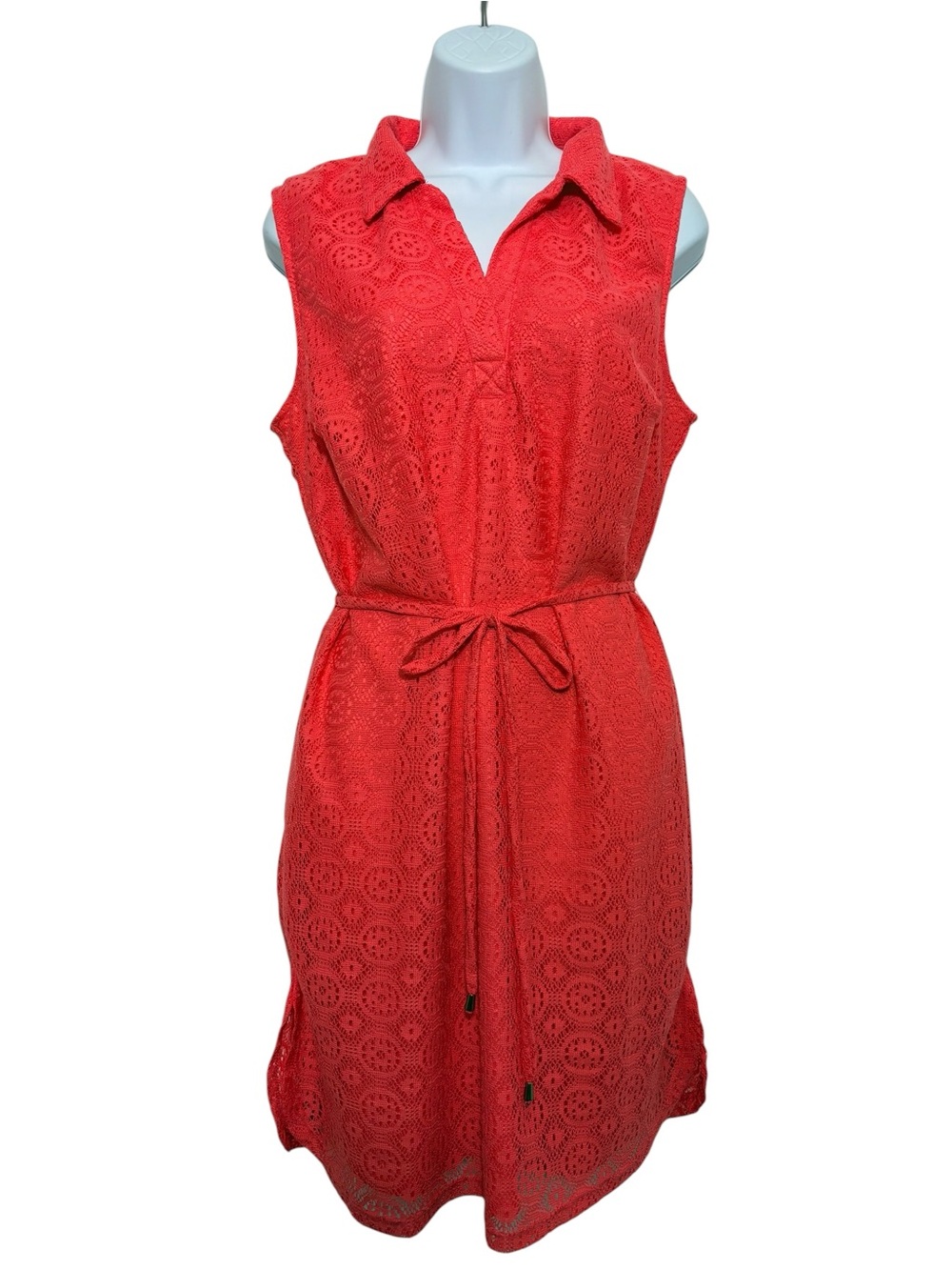 Allison Brittney Pink Coral Lace Sleeveless Lined Belted Collar Shirt Dress SzL